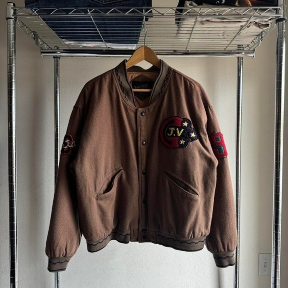 80s JV Bad Boys Brown and Red Vintage Bomber Black Varsity Jacket w Embroidery‎